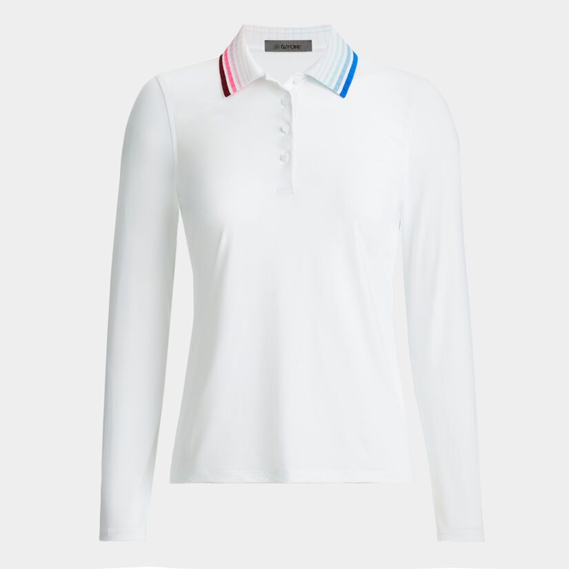 PLEATED CONTRAST COLLAR SILKY TECH NYLON LONG SLEEVE POLO image number 1